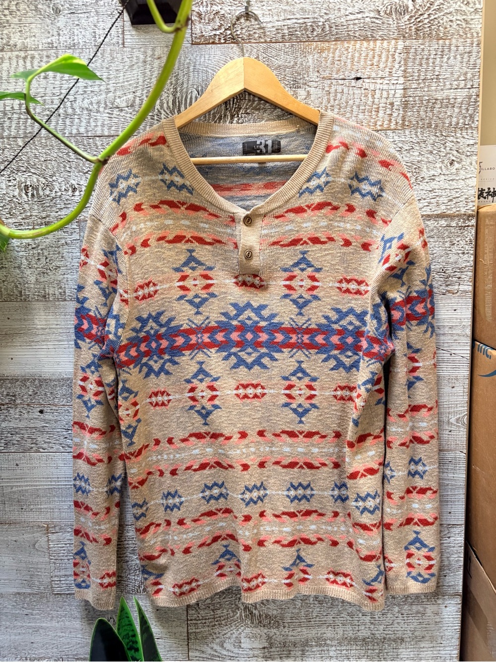 Le 31 (Simons) Henley-Style Cotton Beige Grandpacore Pullover Sweater - Men's L